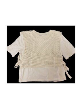 Zara size small white tee with crochet light sweater overlay and ties on sides